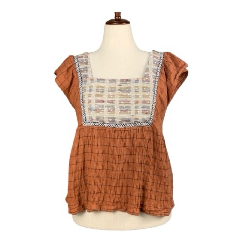 Entro Boho‎ Knit Blouse Top Embroidered Square Neck Flutter Sleeve Size Small